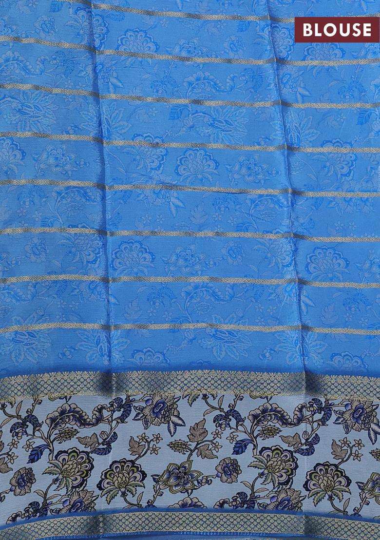 Art Chiffon Saree Blue Shade And Pastel Blue With Allover Zari Stripe Pattern And Zari Woven Printed Borded For Women - Indya