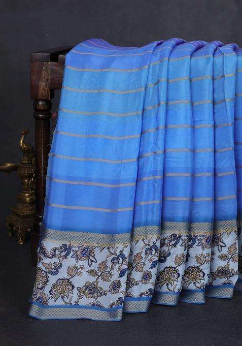 Art Chiffon Saree Blue Shade And Pastel Blue With Allover Zari Stripe Pattern And Zari Woven Printed Borded For Women