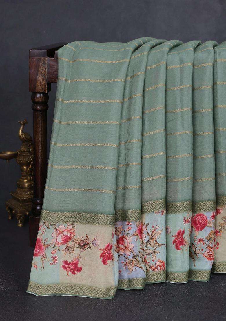 Art Chiffon Saree Pastel Green With Allover Zari Stripe Pattern And Zari Woven Printed Borded For Women - Indya