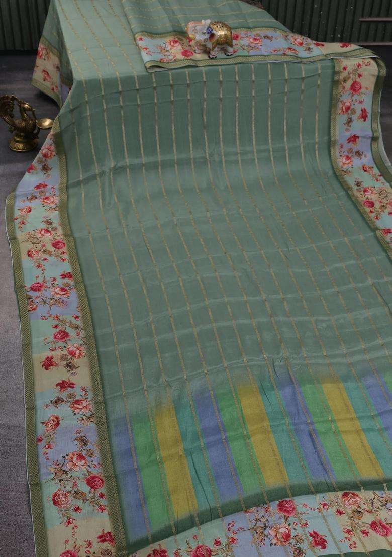 Art Chiffon Saree Pastel Green With Allover Zari Stripe Pattern And Zari Woven Printed Borded For Women - Indya