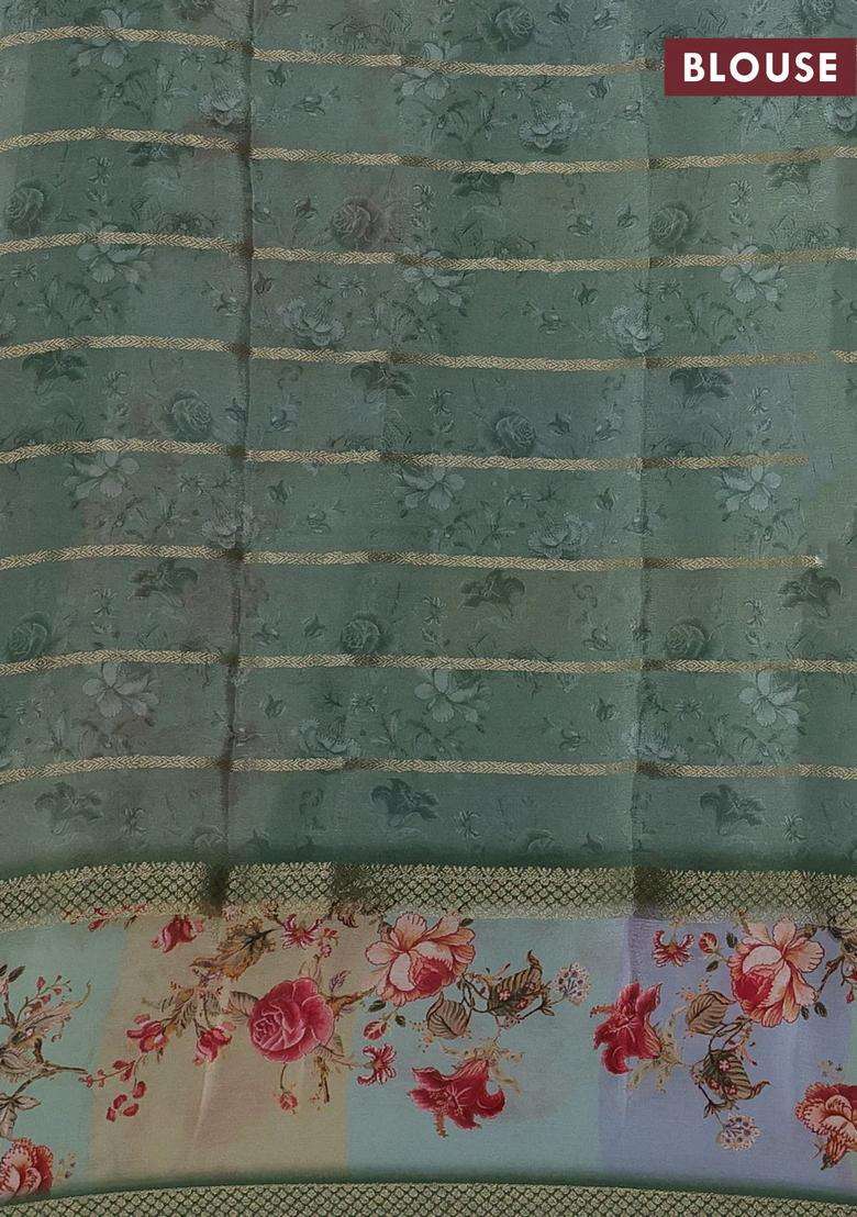 Art Chiffon Saree Pastel Green With Allover Zari Stripe Pattern And Zari Woven Printed Borded For Women - Indya