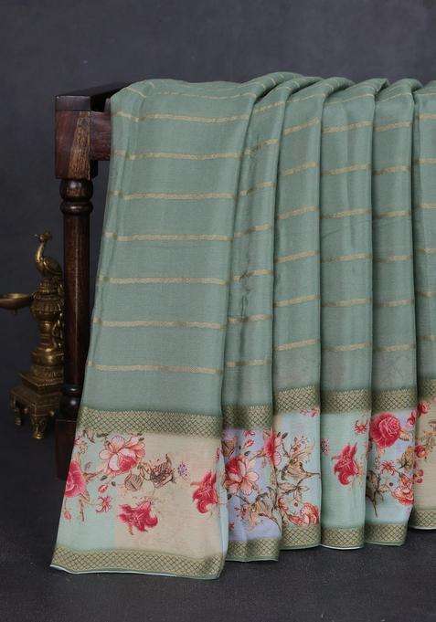 Art Chiffon Saree Pastel Green With Allover Zari Stripe Pattern And Zari Woven Printed Borded For Women