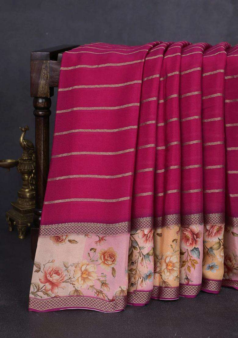 Art Chiffon Saree Dark Pink And Pale Orange With Allover Zari Stripe Pattern And Zari Woven Printed Borded For Women - Indya