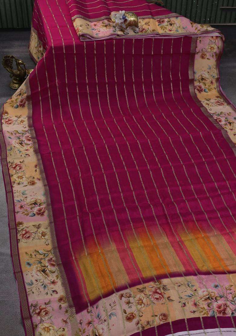 Art Chiffon Saree Dark Pink And Pale Orange With Allover Zari Stripe Pattern And Zari Woven Printed Borded For Women - Indya