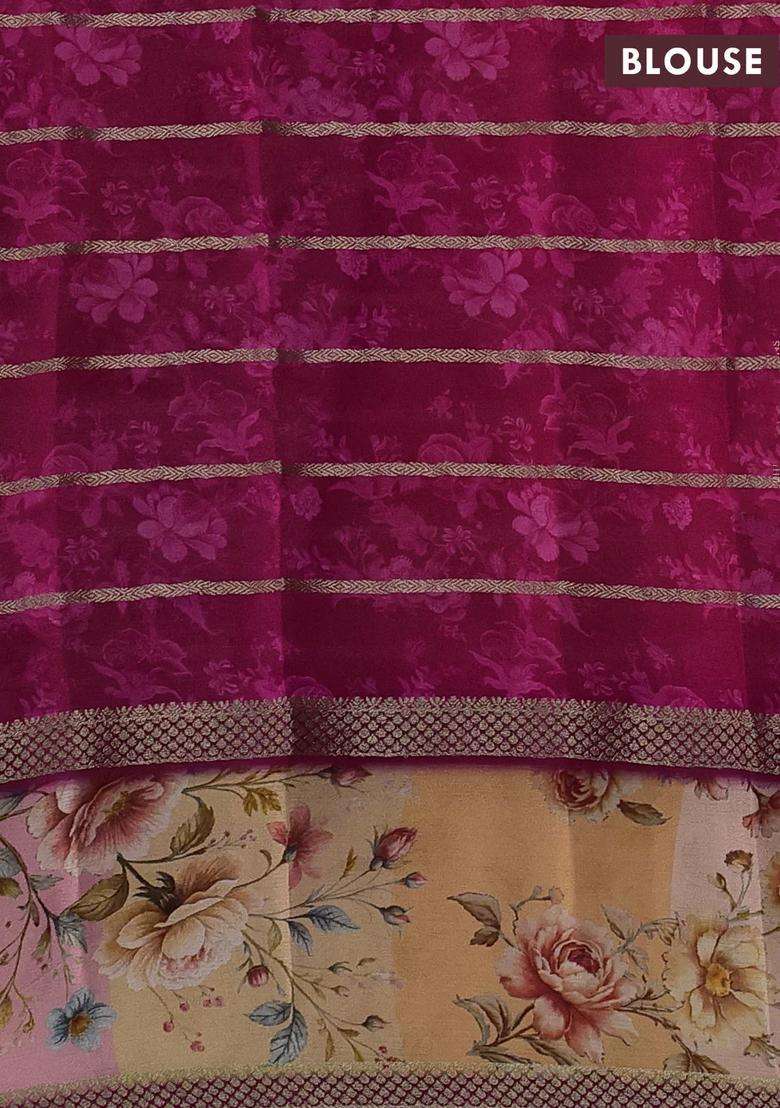 Art Chiffon Saree Dark Pink And Pale Orange With Allover Zari Stripe Pattern And Zari Woven Printed Borded For Women - Indya