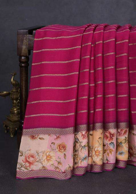 Art Chiffon Saree Dark Pink And Pale Orange With Allover Zari Stripe Pattern And Zari Woven Printed Borded For Women