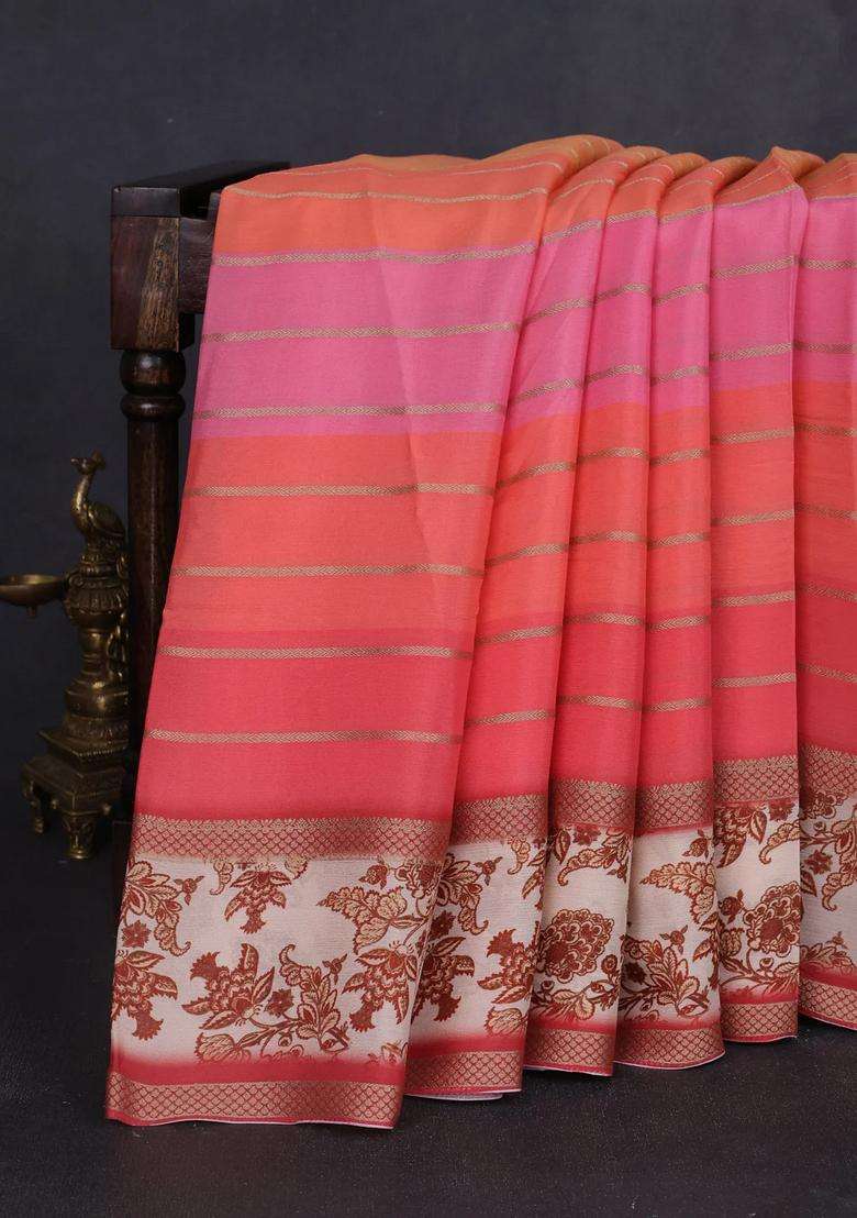 Art Chiffon Saree Multi Colour And Peach Cream With Allover Zari Stripe Pattern And Zari Woven Printed Borded For Women - Indya