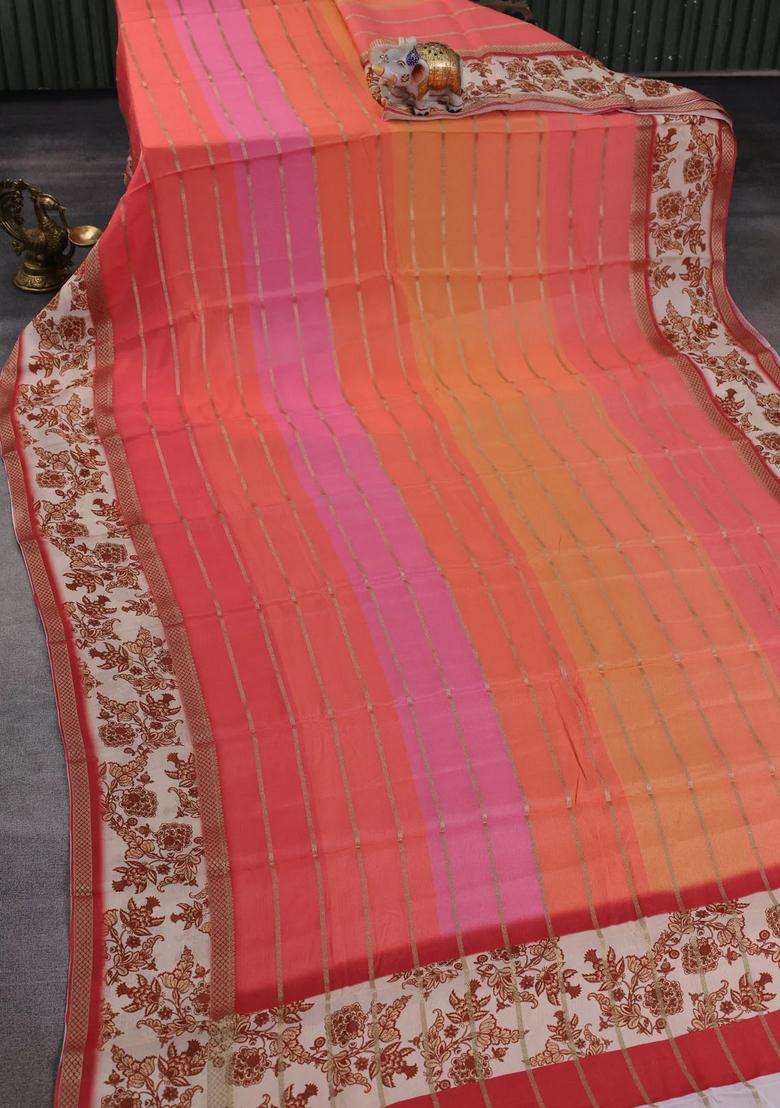 Art Chiffon Saree Multi Colour And Peach Cream With Allover Zari Stripe Pattern And Zari Woven Printed Borded For Women - Indya