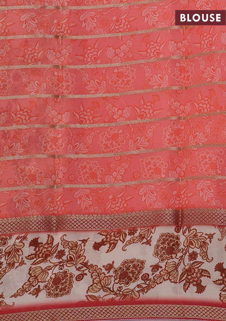 Art Chiffon Saree Multi Colour And Peach Cream With Allover Zari Stripe Pattern And Zari Woven Printed Borded For Women - Indya