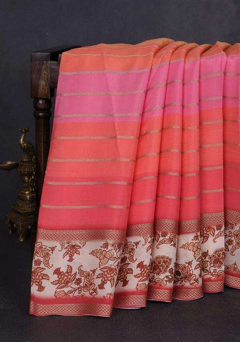 Art Chiffon Saree Multi Colour And Peach Cream With Allover Zari Stripe Pattern And Zari Woven Printed Borded For Women