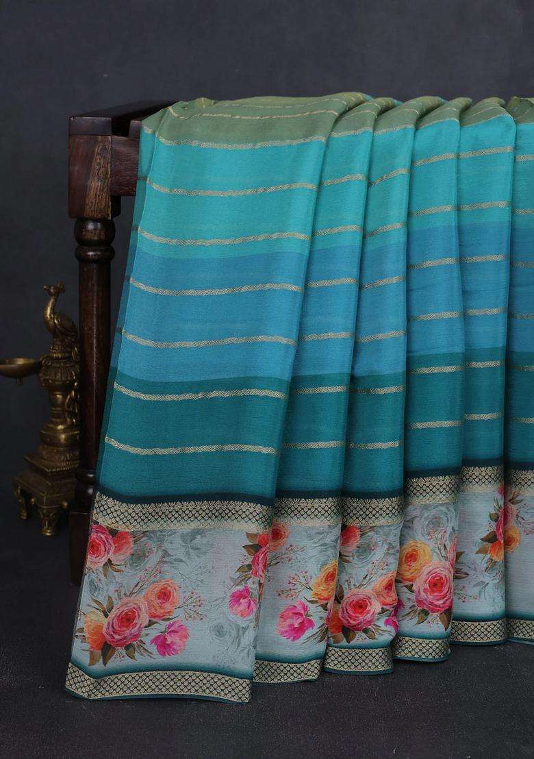 Art Chiffon Saree Multi Colour And Teal Green With Allover Zari Stripe Pattern And Zari Woven Printed Borded For Women - Indya