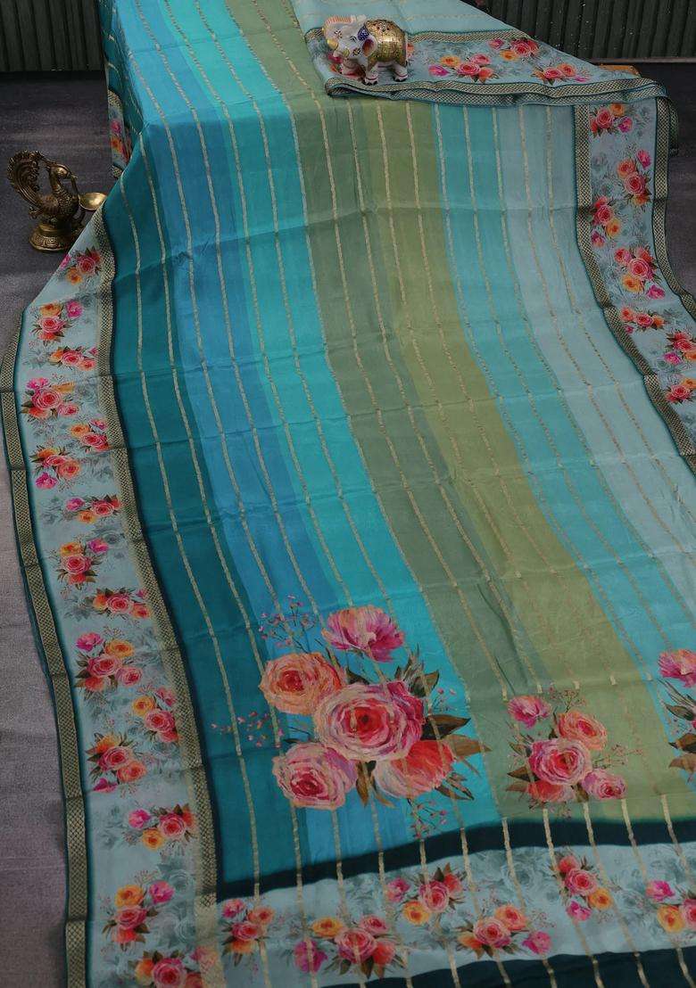 Art Chiffon Saree Multi Colour And Teal Green With Allover Zari Stripe Pattern And Zari Woven Printed Borded For Women - Indya
