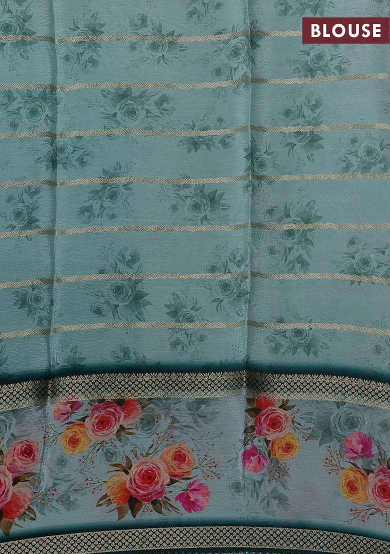 Art Chiffon Saree Multi Colour And Teal Green With Allover Zari Stripe Pattern And Zari Woven Printed Borded For Women - Indya