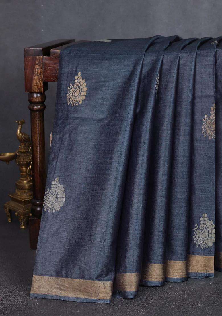 Banana Silk Saree Dark Grey With Allover Thread Zari Woven Butta And Zari Woven Border With Buttas And Brocade Design For Women - Indya