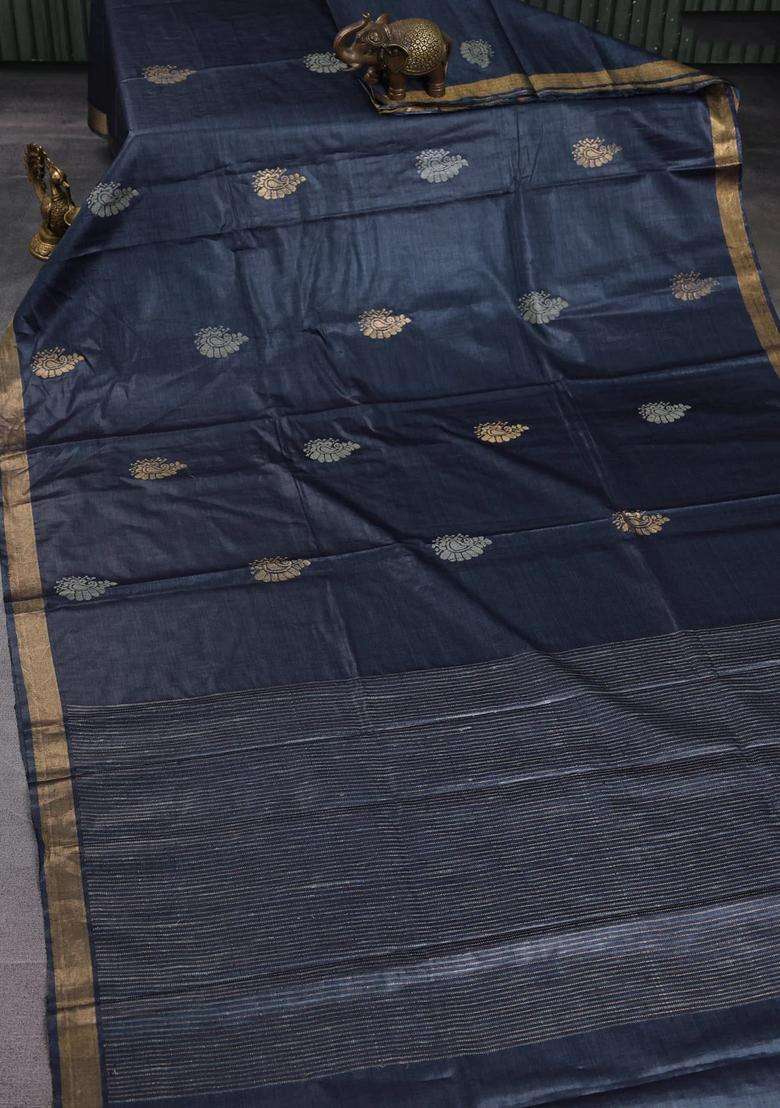 Banana Silk Saree Dark Grey With Allover Thread Zari Woven Butta And Zari Woven Border With Buttas And Brocade Design For Women - Indya