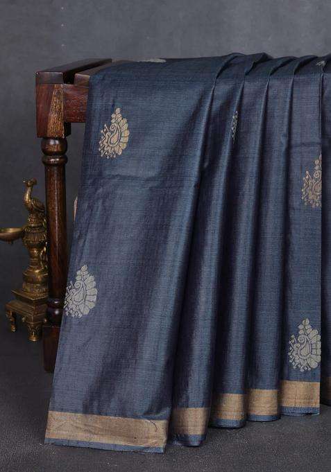 Banana Silk Saree Dark Grey With Allover Thread Zari Woven Butta And Zari Woven Border With Buttas And Brocade Design For Women