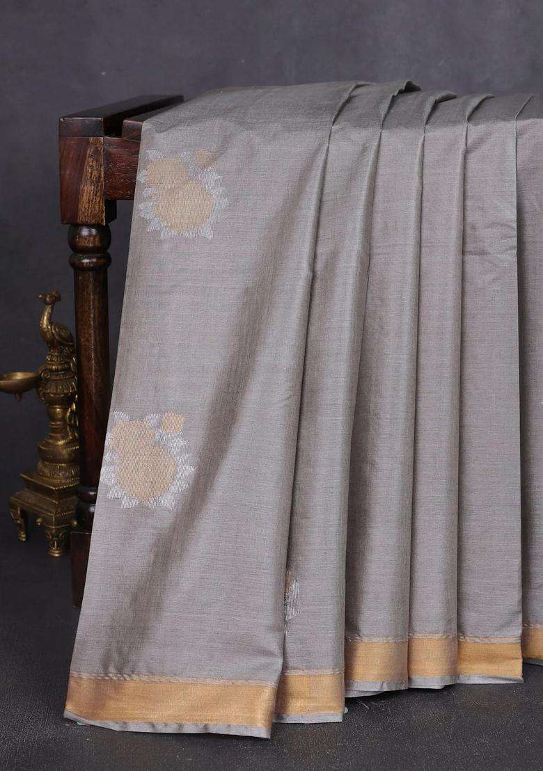 Banana Silk Saree Grey And Rust Shade With Silver Zari Woven Buttas And Zari Woven Border With Buttas And Brocade Design For Women - Indya
