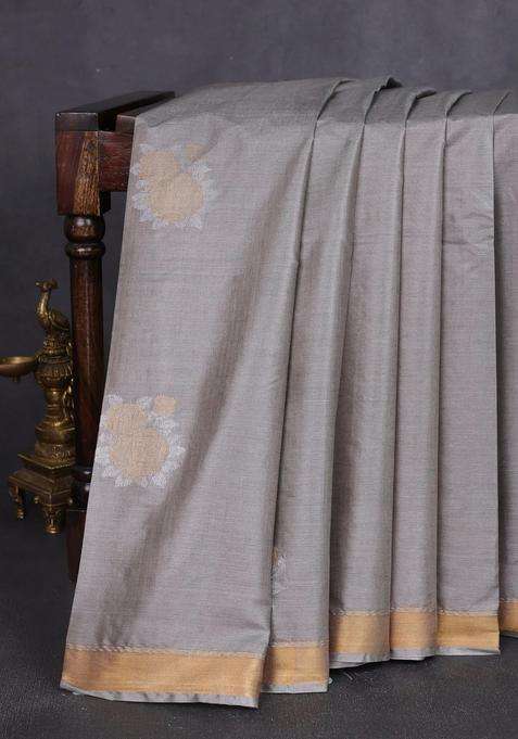 Banana Silk Saree Grey And Rust Shade With Silver Zari Woven Buttas And Zari Woven Border With Buttas And Brocade Design For Women