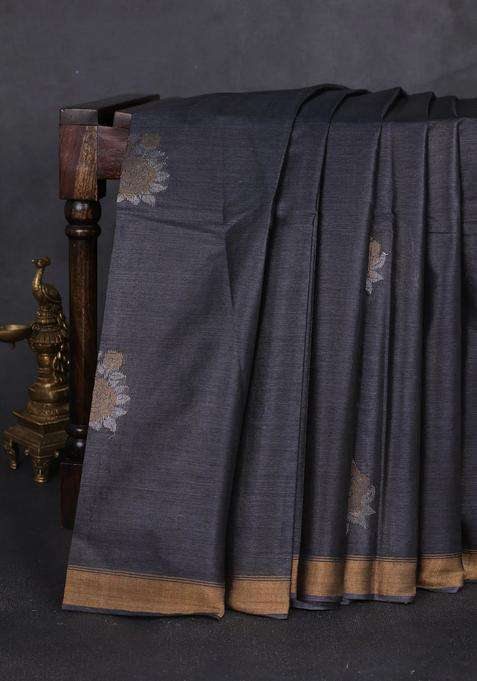 Banana Silk Saree Black With Silver Zari Woven Buttas And Zari Woven Border With Buttas And Brocade Design For Women
