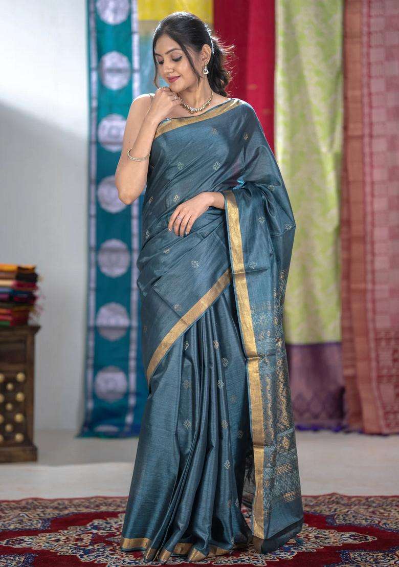 Banana Silk Saree Dark Grey With Thread Zari Woven Buttas And Zari Woven Border With Buttas And Brocade Design For Women - Indya