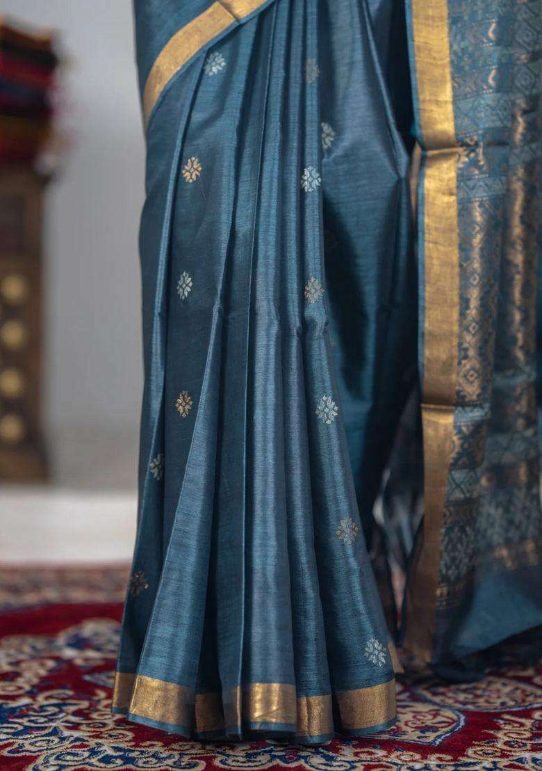 Banana Silk Saree Dark Grey With Thread Zari Woven Buttas And Zari Woven Border With Buttas And Brocade Design For Women - Indya