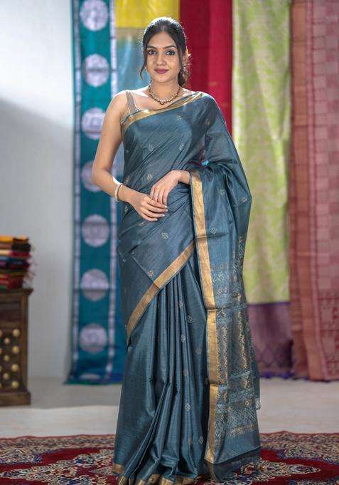 Banana Silk Saree Dark Grey With Thread Zari Woven Buttas And Zari Woven Border With Buttas And Brocade Design For Women