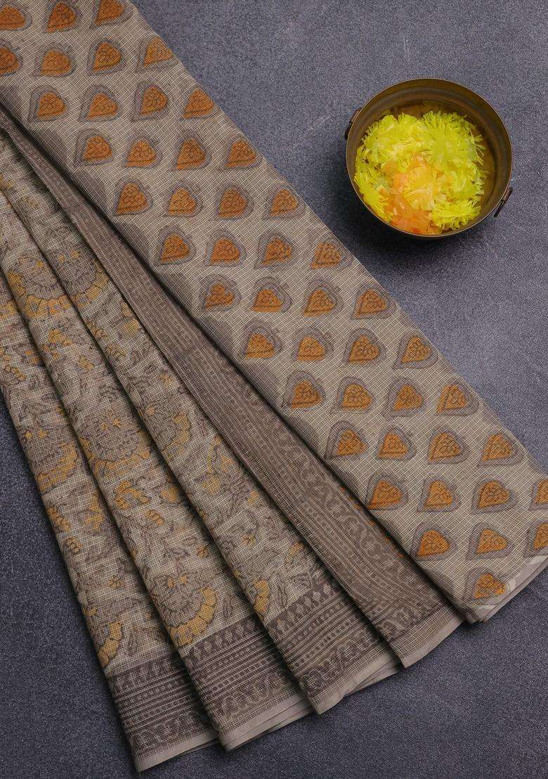 Kota Doria Cotton Saree Beige And Grey With Allover Prints And Printed Border For Women - Indya