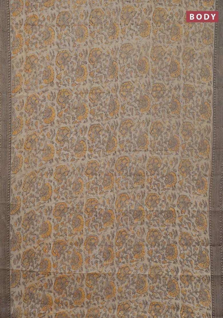 Kota Doria Cotton Saree Beige And Grey With Allover Prints And Printed Border For Women - Indya