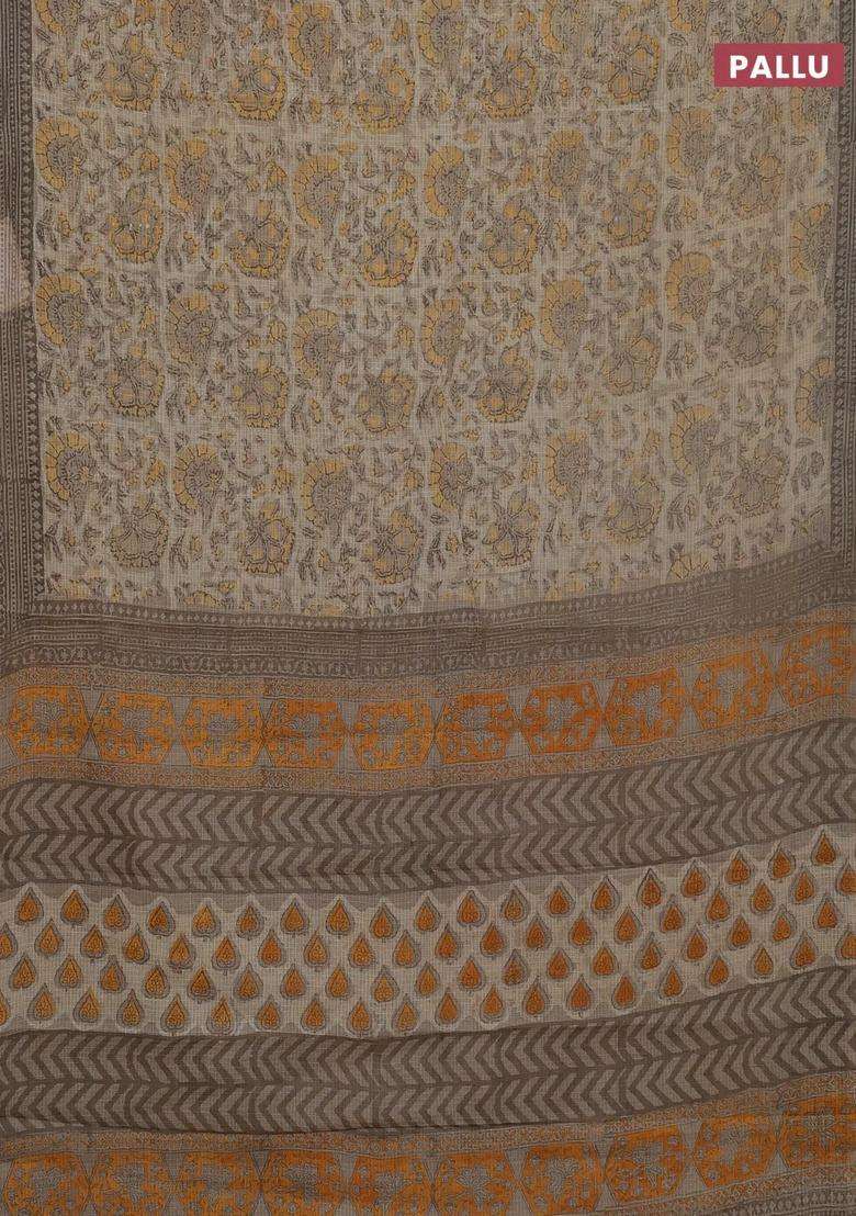 Kota Doria Cotton Saree Beige And Grey With Allover Prints And Printed Border For Women - Indya