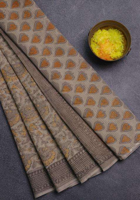 Kota Doria Cotton Saree Beige And Grey With Allover Prints And Printed Border For Women