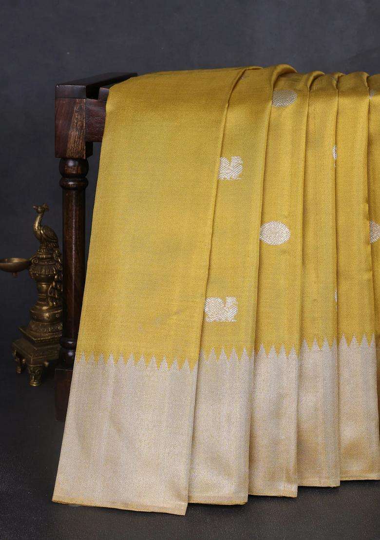 Tissue Kanchipuram Silk Saree Gold With Rudhraksha Annam Silver Zari Woven Buttas And Long Silver Zari Woven With Buttas And Brocade Design For Women - Indya