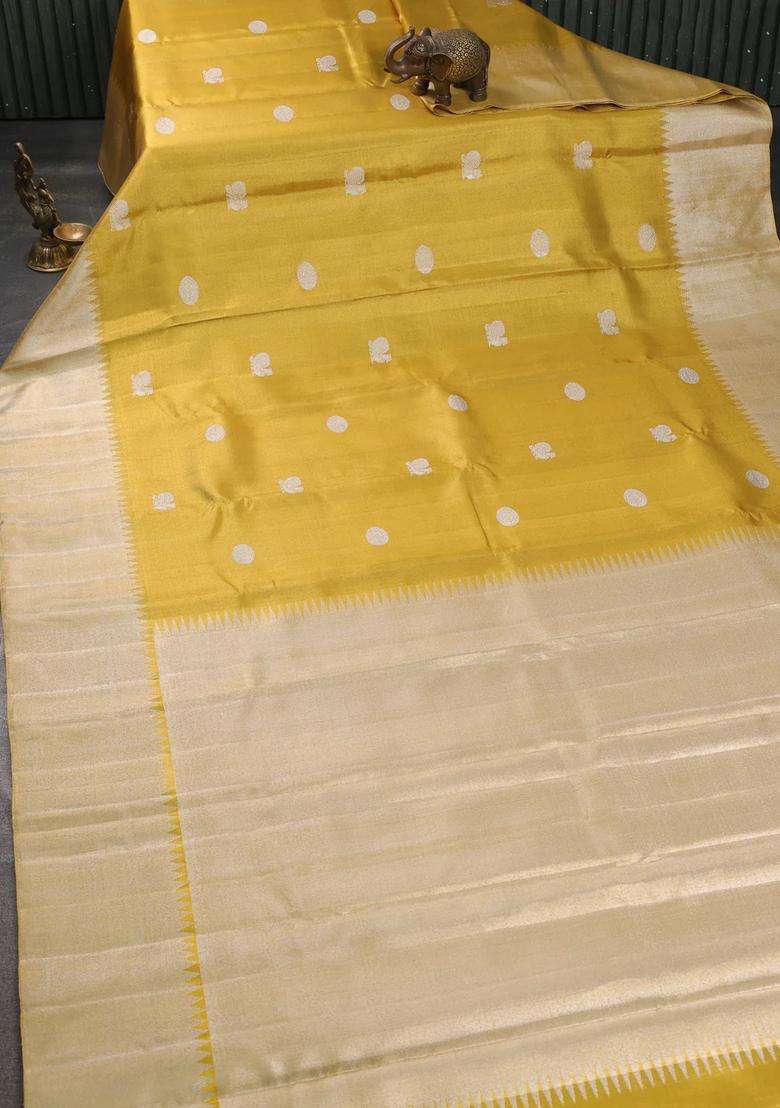 Tissue Kanchipuram Silk Saree Gold With Rudhraksha Annam Silver Zari Woven Buttas And Long Silver Zari Woven With Buttas And Brocade Design For Women - Indya