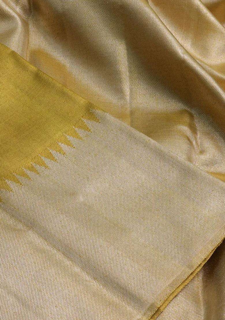 Tissue Kanchipuram Silk Saree Gold With Rudhraksha Annam Silver Zari Woven Buttas And Long Silver Zari Woven With Buttas And Brocade Design For Women - Indya