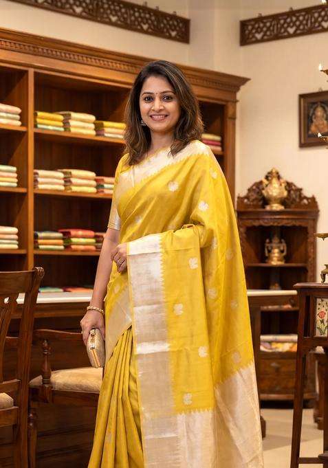 Tissue Kanchipuram Silk Saree Gold With Rudhraksha Annam Silver Zari Woven Buttas And Long Silver Zari Woven With Buttas And Brocade Design For Women