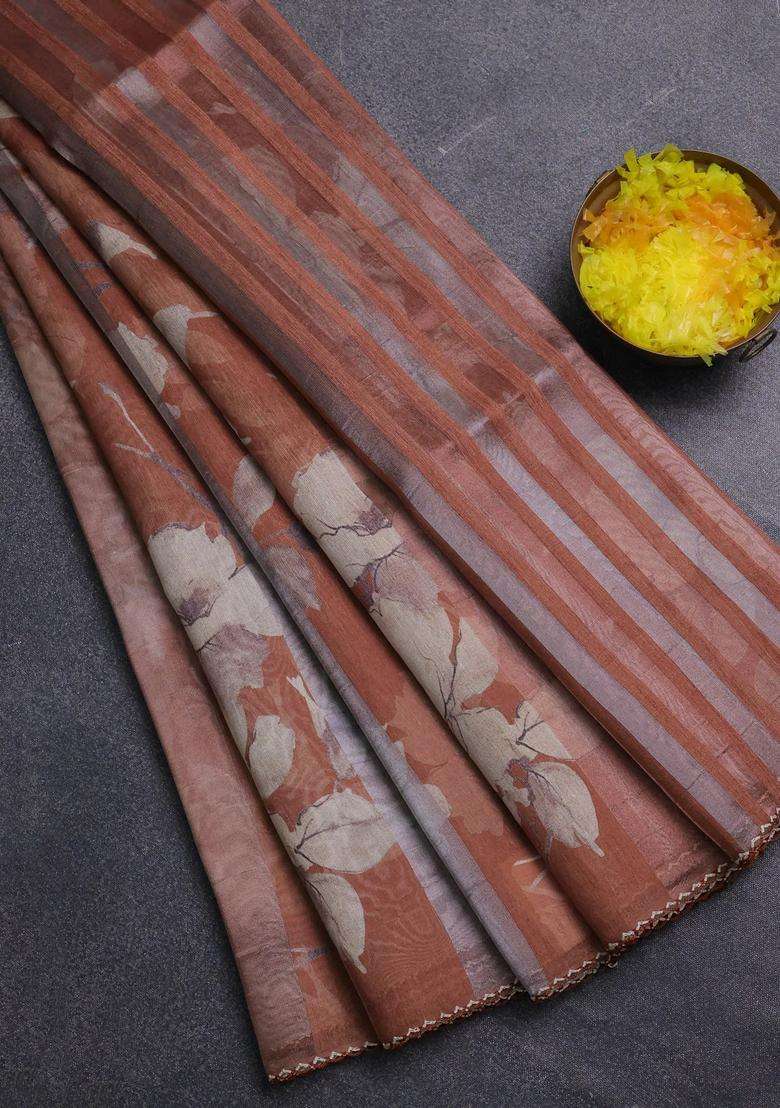 Organza Tissue Tussar Saree Rust Shade With Floral Prints And Lace Work Border With Printed Design For Women - Indya