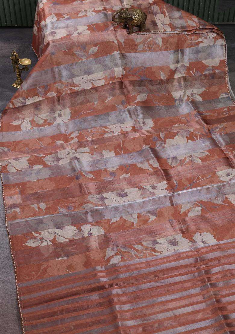 Organza Tissue Tussar Saree Rust Shade With Floral Prints And Lace Work Border With Printed Design For Women - Indya