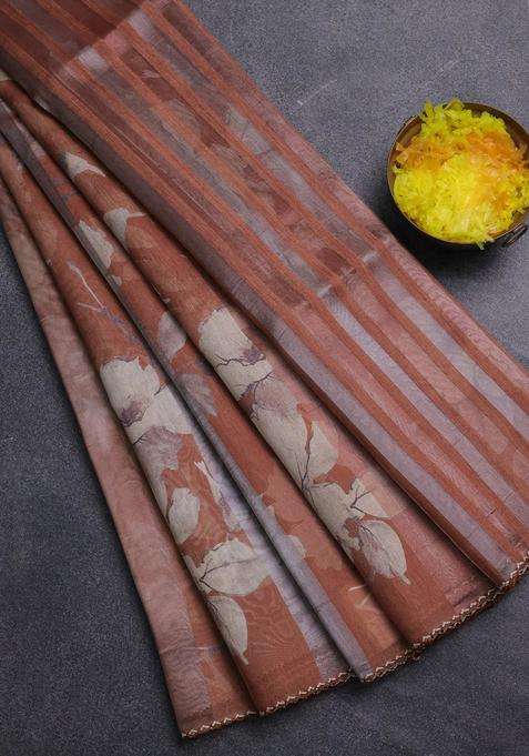 Organza Tissue Tussar Saree Rust Shade With Floral Prints And Lace Work Border With Printed Design For Women