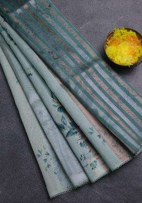 Organza Tissue Tussar Saree Pastel Green With Floral Prints And Lace Work Border With Printed Design For Women