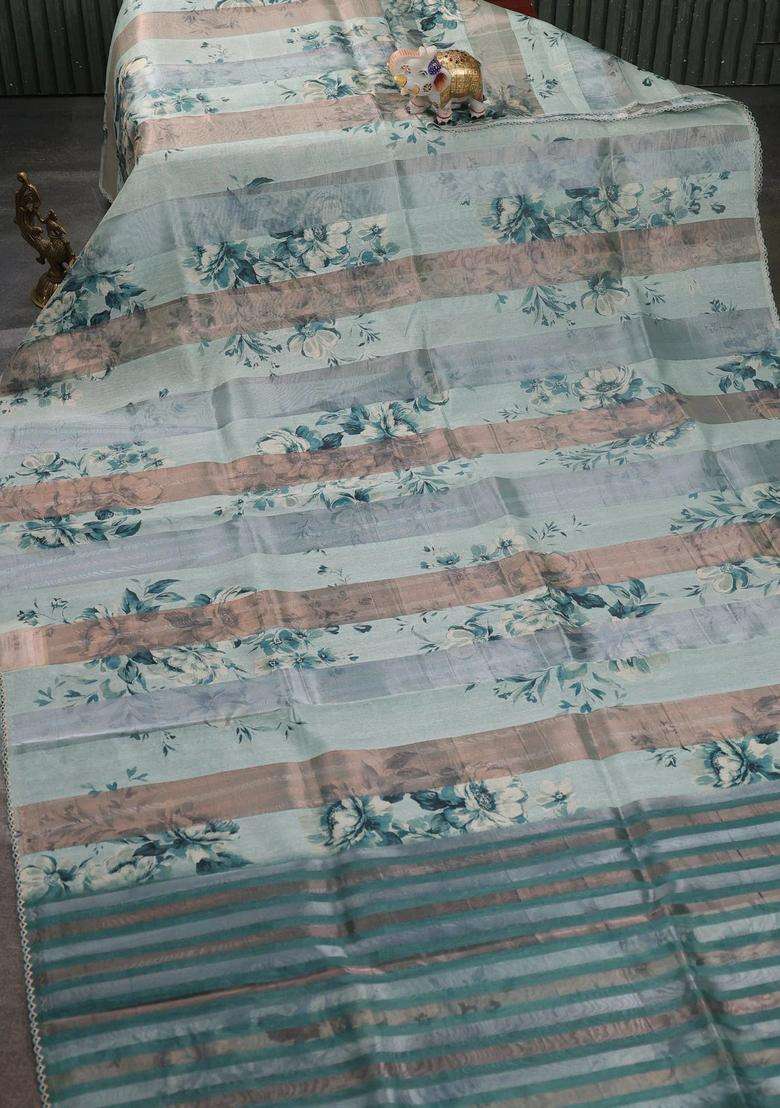 Organza Tissue Tussar Saree Pastel Green With Floral Prints And Lace Work Border With Printed Design For Women - Indya