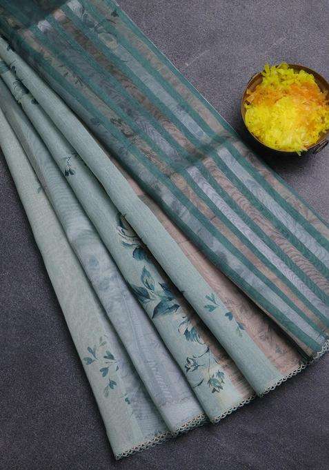Organza Tissue Tussar Saree Pastel Green With Floral Prints And Lace Work Border With Printed Design For Women