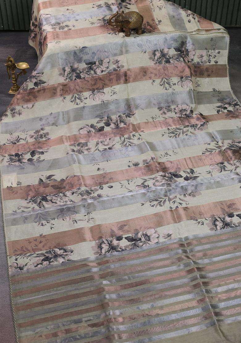 Organza Tissue Tussar Saree Cream With Floral Prints And Lace Work Border With Printed Design For Women - Indya