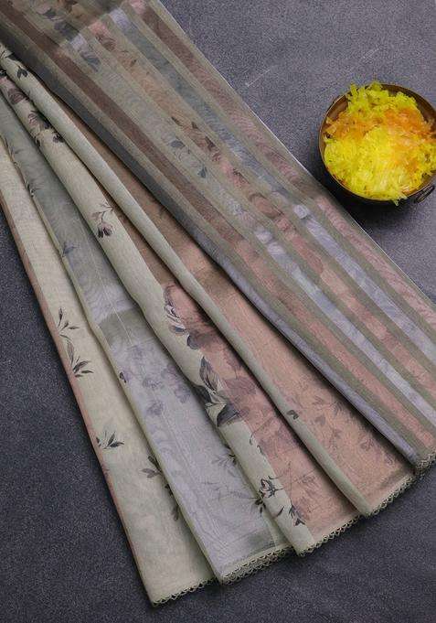 Organza Tissue Tussar Saree Cream With Floral Prints And Lace Work Border With Printed Design For Women