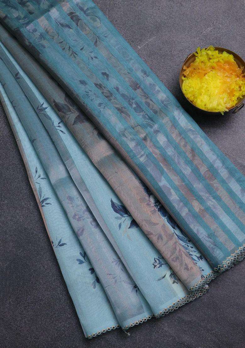 Organza Tissue Tussar Saree Light Blue With Floral Prints And Lace Work Border With Printed Design For Women - Indya