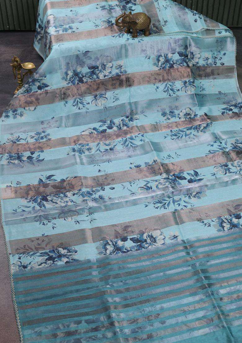 Organza Tissue Tussar Saree Light Blue With Floral Prints And Lace Work Border With Printed Design For Women - Indya
