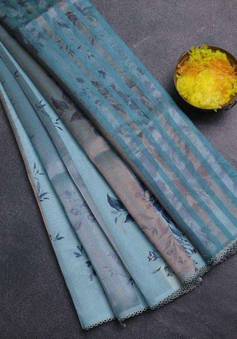 Organza Tissue Tussar Saree Light Blue With Floral Prints And Lace Work Border With Printed Design For Women