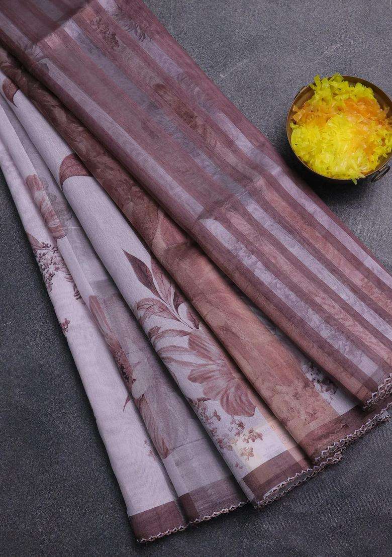 Organza Tissue Tussar Saree Pastel Pink And Brown With Floral Prints And Lace Work Border With Printed Design For Women - Indya