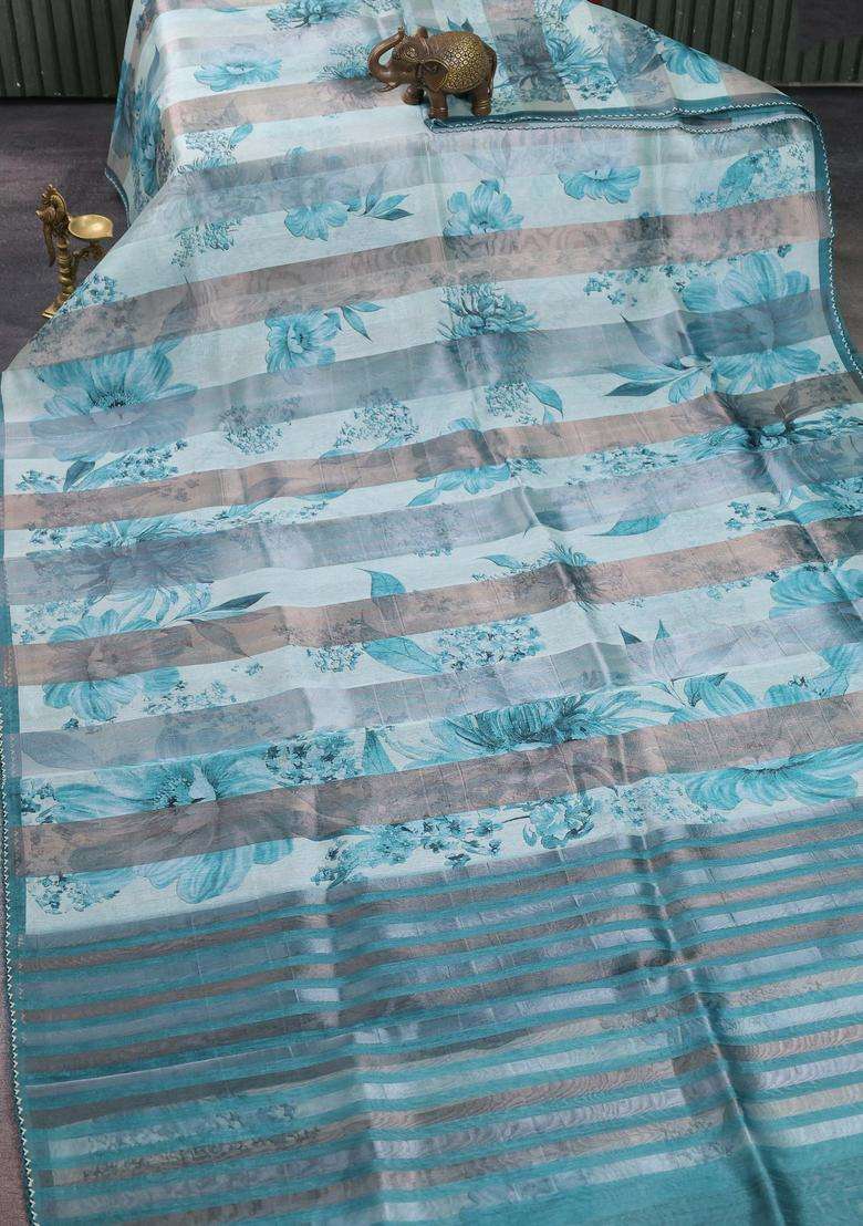 Organza Tissue Tussar Saree Teal Shade With Floral Prints And Lace Work Border With Printed Design For Women - Indya