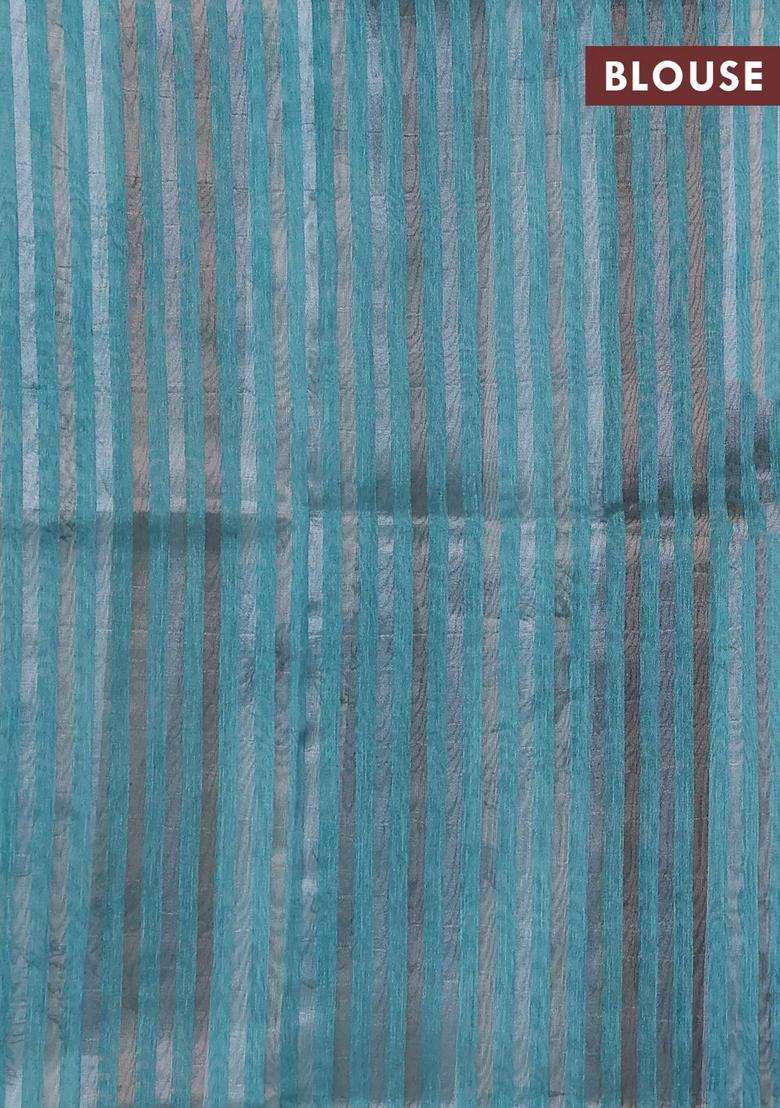Organza Tissue Tussar Saree Teal Shade With Floral Prints And Lace Work Border With Printed Design For Women - Indya