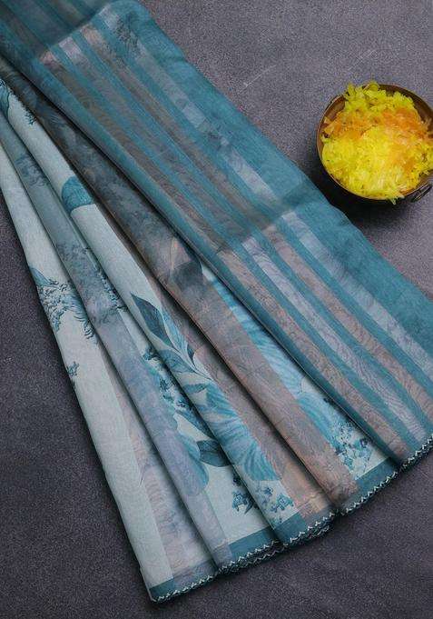 Organza Tissue Tussar Saree Teal Shade With Floral Prints And Lace Work Border With Printed Design For Women