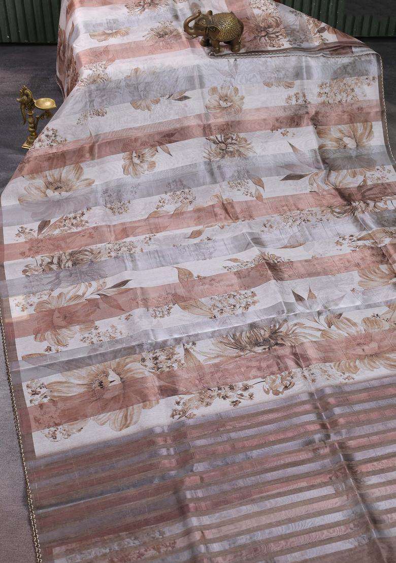 Organza Tissue Tussar Saree Pastel Grey With Floral Prints And Lace Work Border With Printed Design For Women - Indya